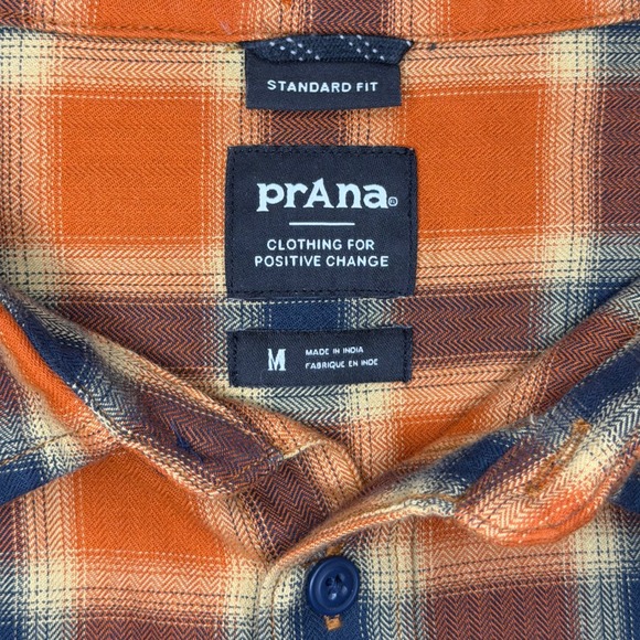 Prana Shirt Mens Medium Orange Plaid Flannel Casual Standard Fit Organic Cotton - Picture 4 of 7